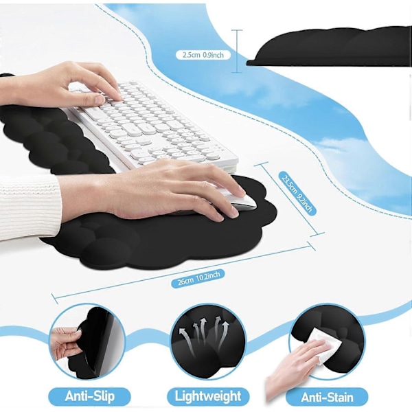 Musmatta med handledsstöd, ergonomisk musmatta med handledsstöd, smärtlindrande musmatta med halkfri gummibas - Svart