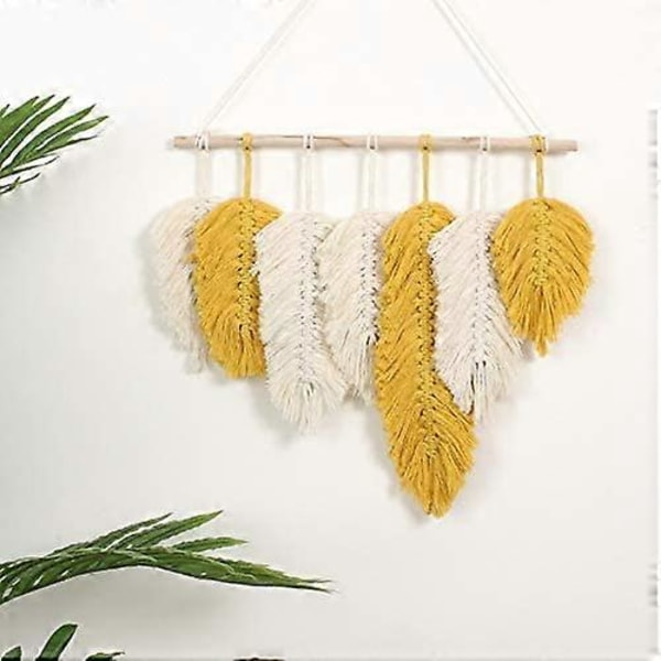 Handgjord Macrame Väggbonad Fjäder Boho Väggdekor Gul Chic Vävd Blad Tofsar Dekoration Bomullsdekorationer Gobeläng Rum Dekoration För Sovrum Liv