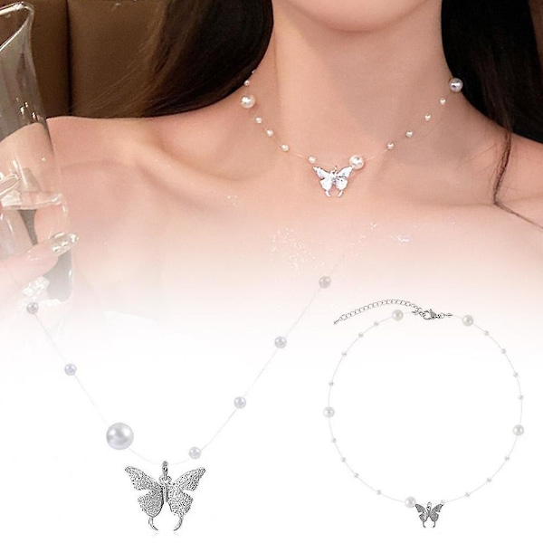 Elegant Perle Krystal Halskæde Mode Hjerte Sommerfugl Kæde Choker（Som vist）
