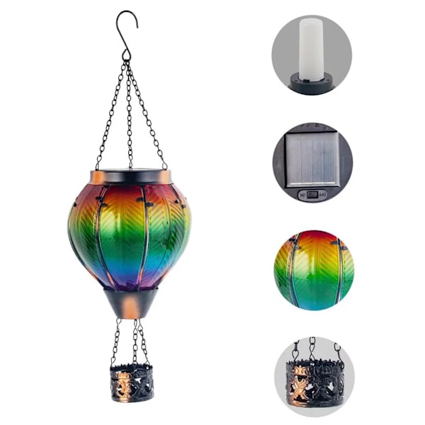 Varmtluftballong solcellelys, utendørs jern glass lysekrone, hage dekorative lys, IP55, LED solcellelysekroner, LED solcellelys