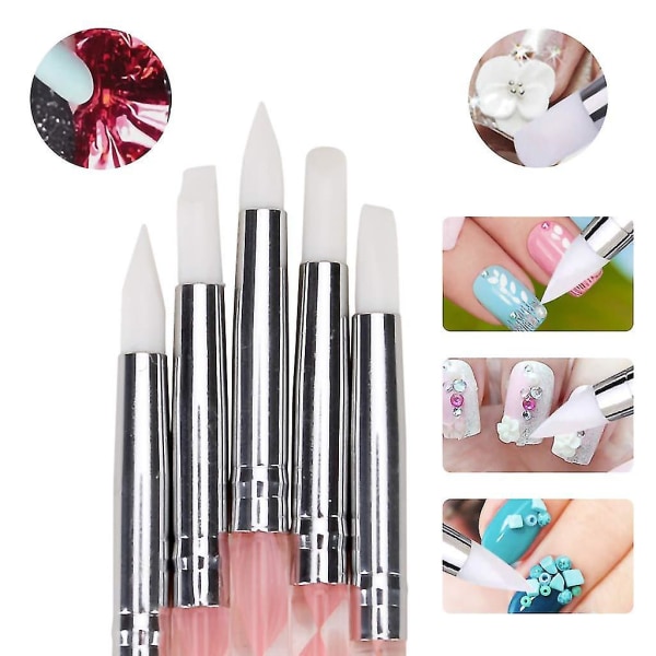 5 st Nail Art Prickverktyg Nail Silikonborste Dubbla huvud Uv Gel Prickar Ritning Måla Penna Lera Skulptera Ritverktyg (rosa & klar)