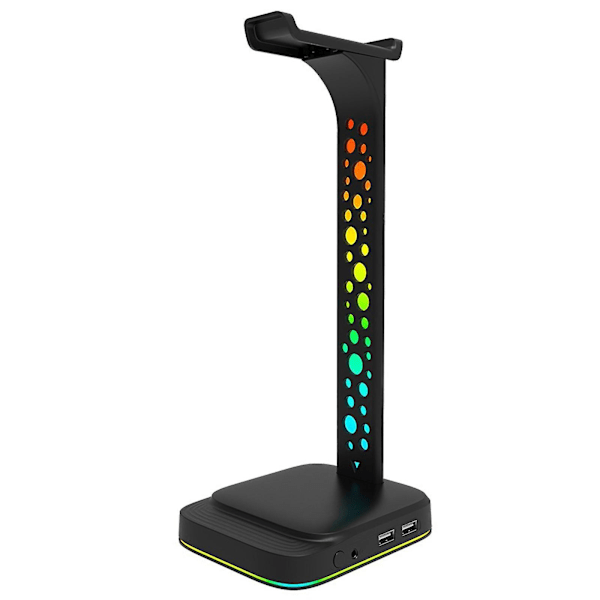 RGB Gaming Hodetelefonstativ, Hodesettstativ med 3,5 mm AUX og 2 USB-ladeporter, Skrivebord Gaming Hodesettstativ med Gummibase