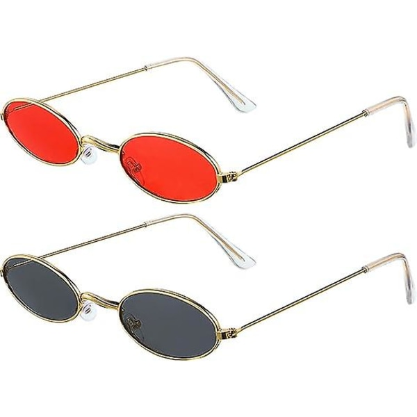 2 par små retro ovala solglasögon - röda/grå linser och guldram ovala solglasögon retro mode mini runda glasögon för kvinnor flickor män