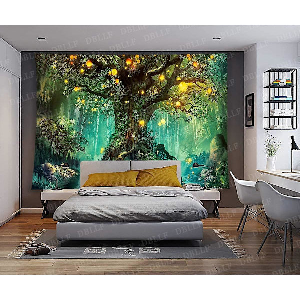 Fantasy Forest Väggbonad Magiskt Livets Träd Väggbonad Mystiska Lysande Lyktor Väggbonad Vattenfall Under Gammalt Förhäxad Träd Väggbonad 80 x 60 Flan