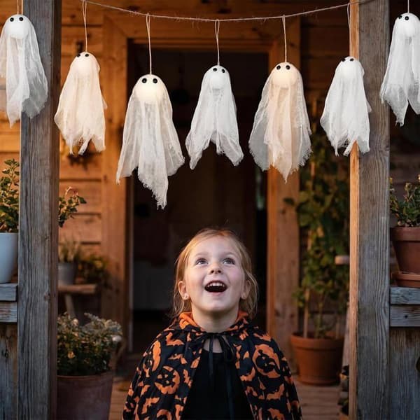 Halloween Spökdekoration - WINLLINEE - 5-pack - Varmt LED-ljus - 45 cm - Polyester - Vit