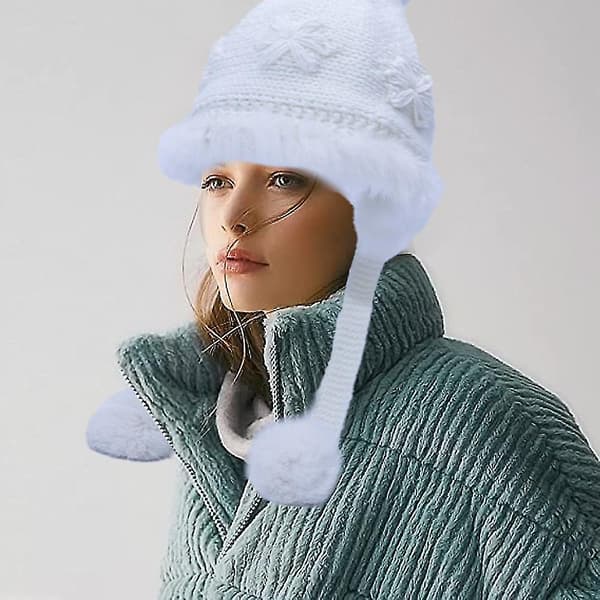 Söt broderad pälsboll ullhatt höst och vinter plus sammet tjock varm stickad mössa（Vit）