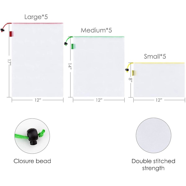 Sett med 12 gjenbrukbare nettposer for frukt og grønt - miljøvennlig - vaskbar og gjennomsiktig - med fargerike tarevekt-etiketter - 3 størrelser
