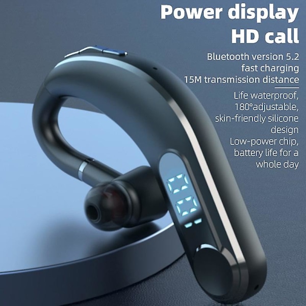 Lang standby Business Bluetooth-headset trådløs Bluetooth 5.2-øretelefon vandtæt ørekrog hovedtelefon Hifi Stereo-øretelefoner med LED-batteri display og