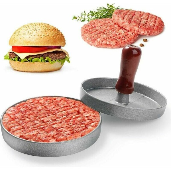 Hamburgerpresse, hakket kødkøkken Hamburgerpresse, træhåndtag, aluminium non-stick hamburgerpresse til bøf, hamburgerfrikadeller (12 cm diameter)
