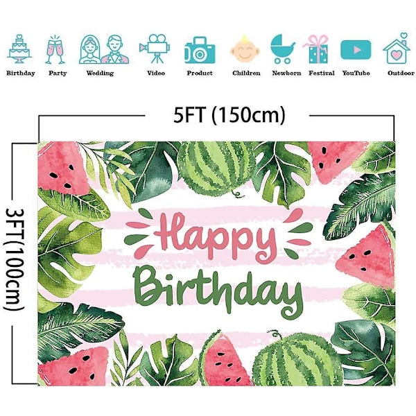 Sommarfrukt Vattenmelon Tema Fotobakgrund, Vattenfärg Grattis På Födelsedagen Party Banner för Tårta Bord Dekoration