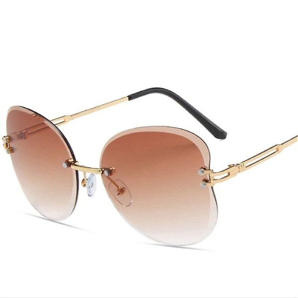 Solbriller kvinner design rammeløse skjærende linser solbriller kvinnelig vintage grå rosa briller uv400（Brun）