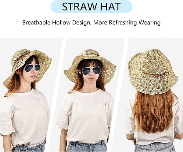 Dww - Damviktbar solhatt i halm, UV-skydd, bred brätte, mode strandbåge dekoration