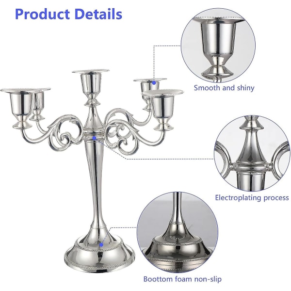 5-armad metallljushållare för koniska ljus, vintage dekorativ ljushållare för bröllop, middagar med levande ljus, bordsskiva, heminredning (silver)