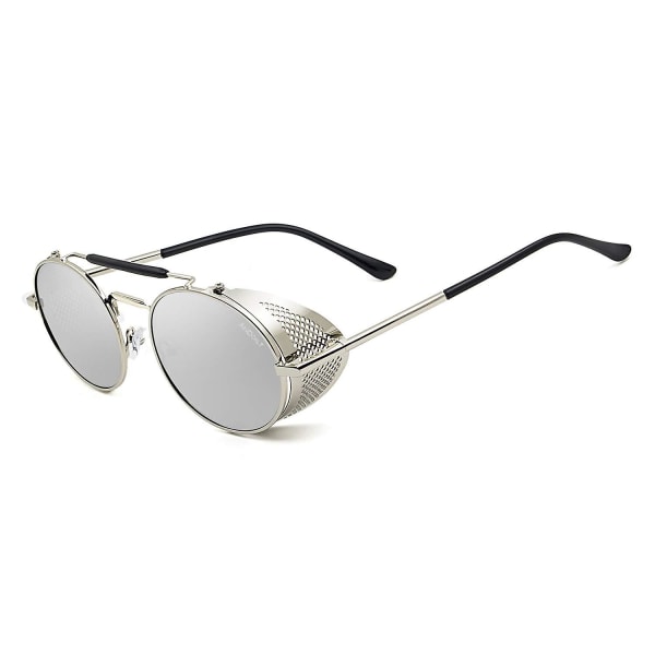 Steampunk stil runda solglasögon för män kvinnor Vintage retro glasögon mental ram Silver