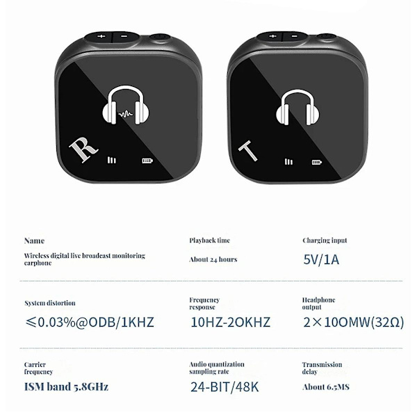 5,8G trådløst in-ear monitorsystem trådløst hodetelefon øretelefon monitorsystem sender mottaker automatisk sammenkobling (svart)