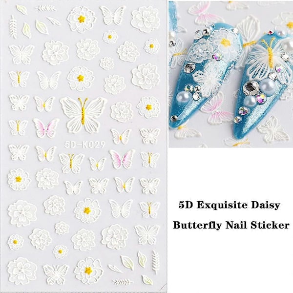 Ros Nagelkonst Dekaler 5D Utsökt Präglad Nagelkonst Tillbehör Självhäftande Nagelkonst Dekoration Svart Vit Fjärilsvingar Rosblomma Fjäder Carvin