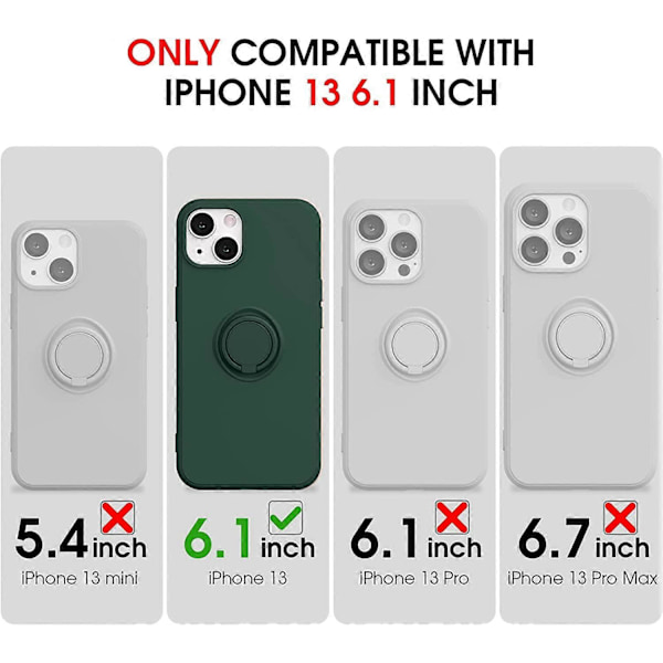 Kompatibel med iPhone 13-fodral, silikon med 360-graders ringstativ (stöder magnetisk bilhållare) Mjuk mikrofiberduk i siden, full täckning