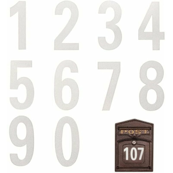 10 arkkia heijastavat kirjelaatikon numerotarrat 0-9 numeroa itseliimautuva kirjelaatikon oven ikkunan osoitenumerotarra (valkoinen)