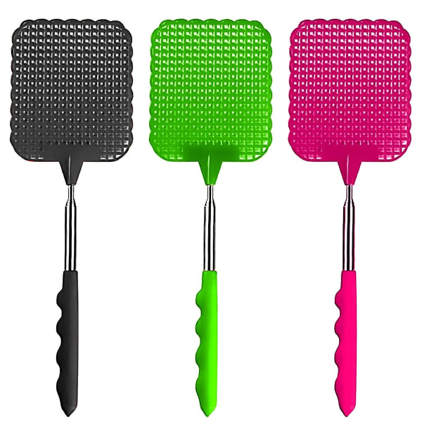 (Svart, grön och rosa) 3- set flugsmällare med teleskophandtag för manuell skadedjursbekämpning, bärbar flugsmällare för att skydda ditt kök.