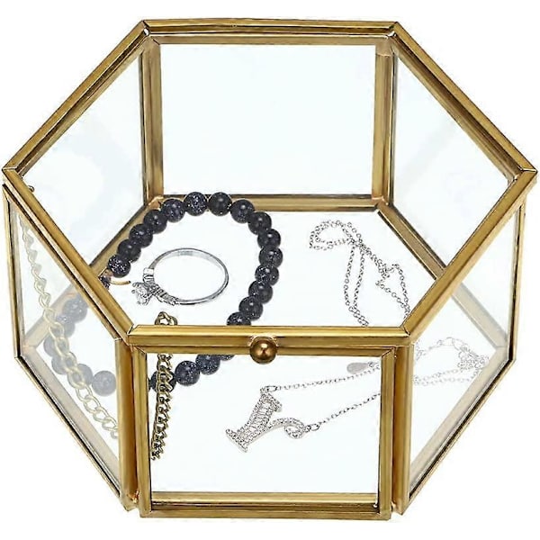 Vintage Glas Smyckeskrin - Gyllene Hexagon Smyckesdisplay Organiser Souvenirask Hem Dekorativ Ask Case för Förvaring Prydnadsföremål Ring Örhänge Bröst