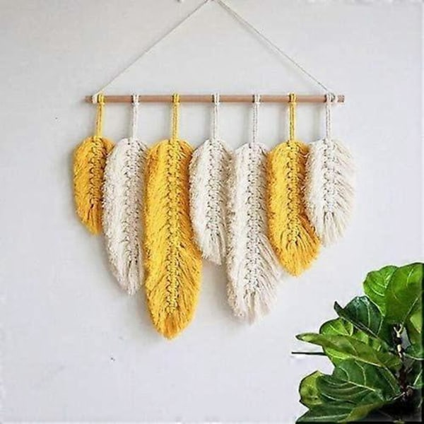 Handgjord Macrame Väggbonad Fjäder Boho Väggdekor Gul Chic Vävd Blad Tofsar Dekoration Bomullsdekorationer Gobeläng Rum Dekoration För Sovrum Liv