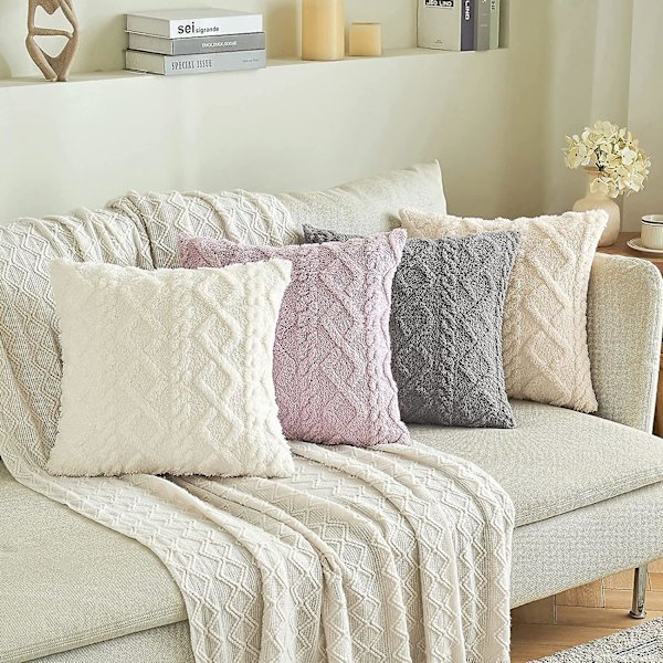 2-pack Dekorativa Kuddfodral i Faux Ull Mjuk Plysch Fuzzy Kort Fleece Kvadratmönstrade Kuddfodral Solida Kuddfodral Soffa För Säng Soffa L