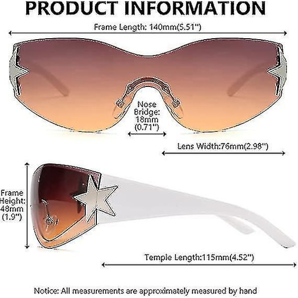 Rammeløse Y2k solbriller til kvinder og mænd, solbriller med stjerneformet stel, overdimensionerede rammeløse trendy solbriller (hvide orange nuancer)