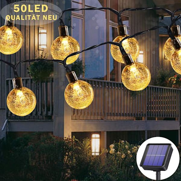 Udendørs solcellelyskæde 50 LED'er 7m 8 solcelletilstande, vandtæt, til udendørs / indendørs, belysning til have, træer, terrasse, jul, bryllupper, fester