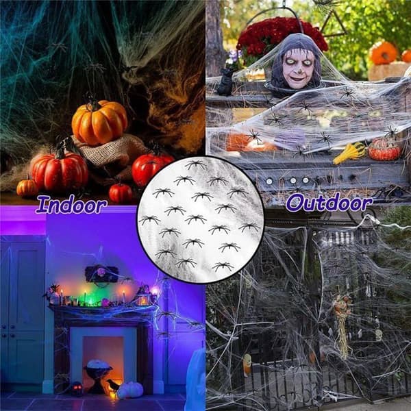 Halloween edderkoppespind dekoration, elastisk edderkoppespind, velegnet til en uhyggelig indendørs/udendørs atmosfære