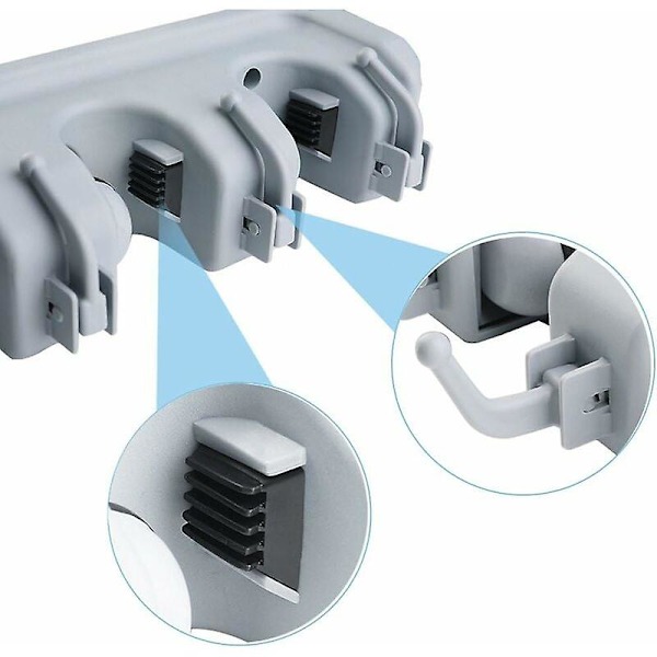 Multifunktionell väggmonterad kvasthållare, förvaringshängare för kök, garage, tvättstuga (5 platser och 6 krokar)