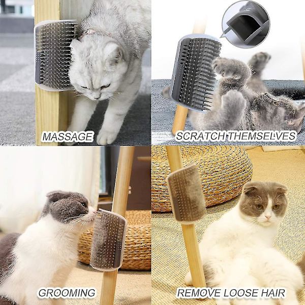 4-pack kattväggmonterad hörnklösare, ansiktsvårdsborste, massage, kam för lång och kort päls, kattungar, katter, grå