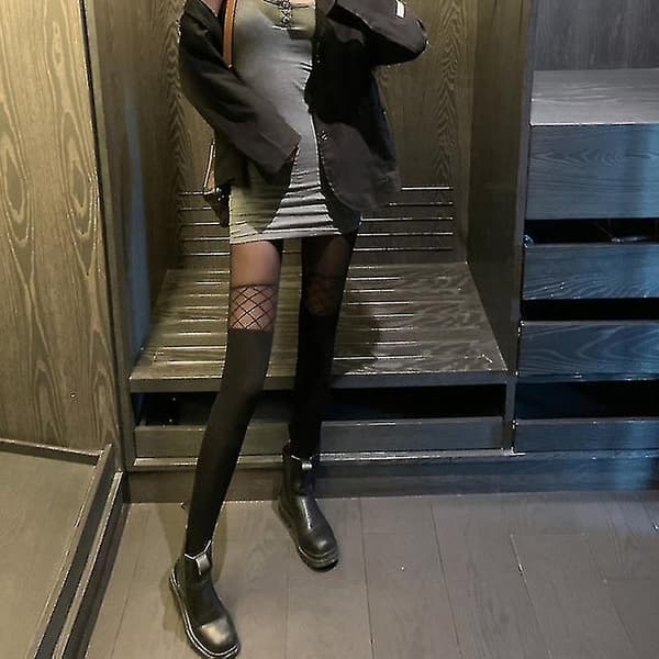 Kvinder Goth Sheer Strømpebukser Mesh Grid Net Print Stitn