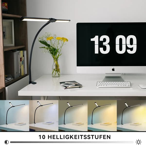 Dobbelthodet LED-skrivebordslampe, trinnløs dimbar, USB-bordlampe