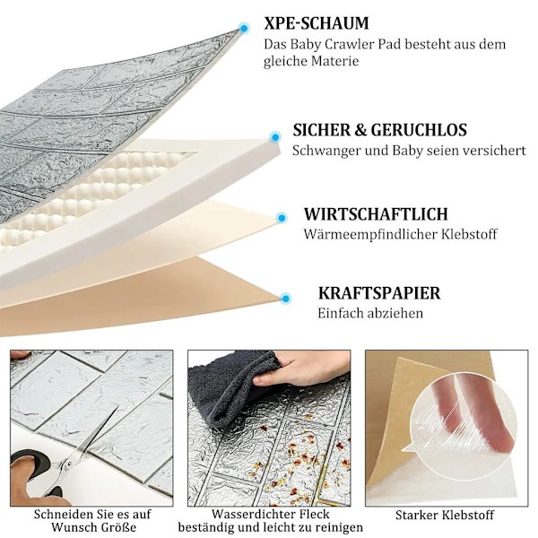 12 stk. 3D vægklistermærker vægpaneler selvklæbende tapet, 35cm x 38.5cm vandtæt tapet, stenlook, moderne til badeværelse og soveværelse