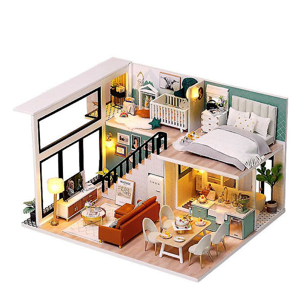 Diydollhouse miniature med møbler diy træ dukkehus kit plus støvtæt og musik bevægelse kreativt værelse idé(behageligt liv)