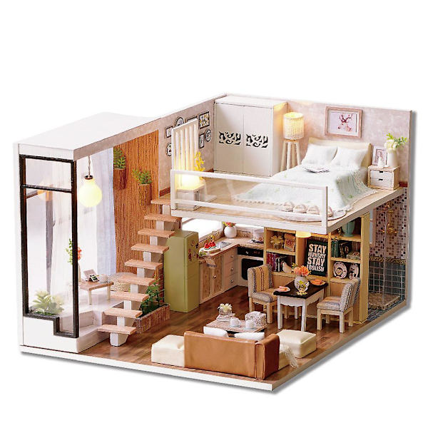 Dockhus miniatyr med möbler, diy dockhus kit plus dammskydd och musikverk,（C）