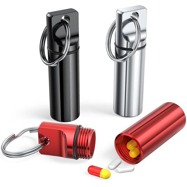 Liten bärbar pillerlåda nyckelring 3-pack, aluminiumlegering mini case behållare (svart+silver+röd)