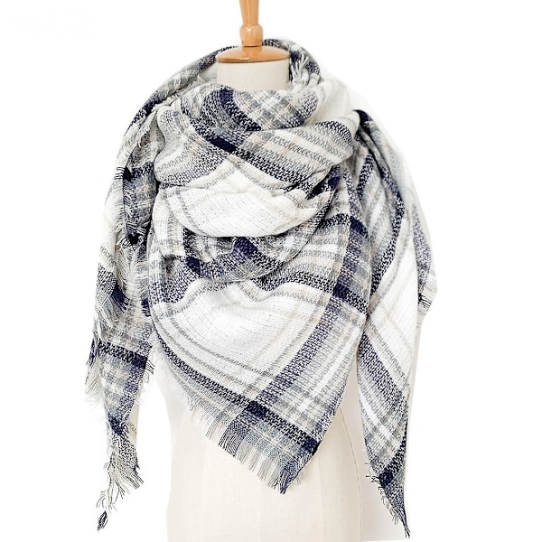 Kvinnors Tartan Scarf - Vinter Långa Scarves Plaid Varma Wraps Ull Brittisk Stil För Damer Spinning Tassel Sjal Lång Stole,Blå