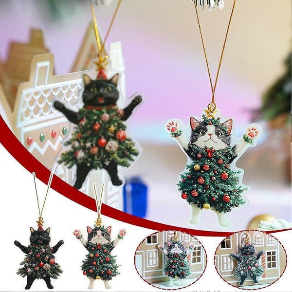 2D flad kat iført juletræsnederdel, hængende pynt til juletræet Black