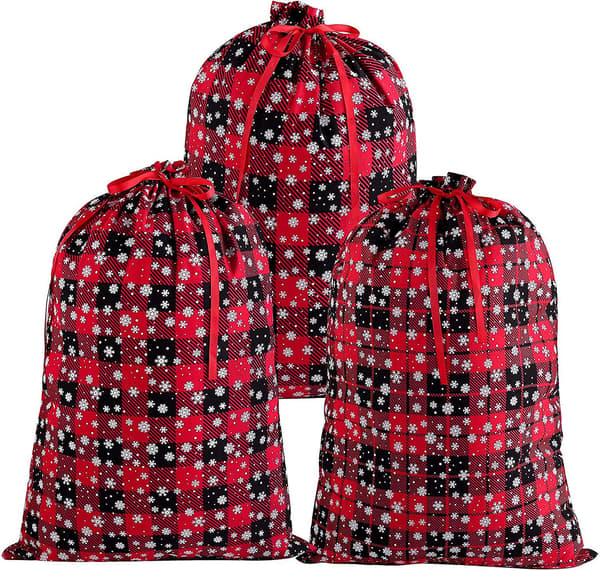 3 st Buffalo Plaid-väskor med snömönster Bomullspresentpåsar Semestergåva