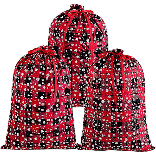 3 stk. Buffalo Plaid-tasker med snefnugmønster i bomuld til gaveposer til julegaver