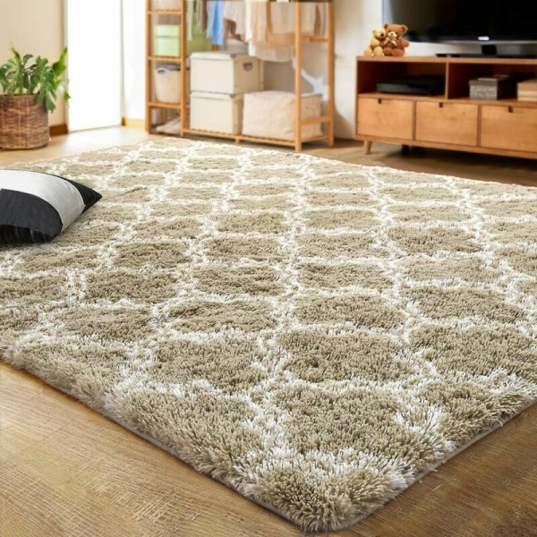 Shaggy stue tæppe 140200cm brun med mønster - sengebord shaggy tæppe blødt tæppe til stue soveværelse sofa
