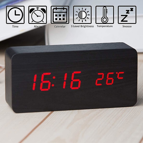 Trädigitalklocka - Multifunktionell LED-väckarklocka med tid/datum/temperaturvisning