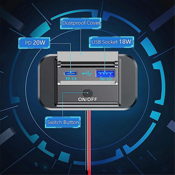 12-24V QC3.0 PD3.0 -portilla varustettu pikalaturi kytkimellä, nopea lataus USB -virtapaneelina moottoripyörään, autoon, kuorma-autoon, mönkijään (musta)