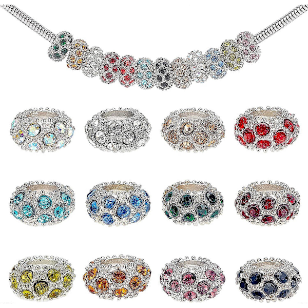 100 st Rhinestone Stora Hål Europeiska Pärlor, Platina Blandade Färger Kristall Rondelle Distans Pärlor Passar Europeiska Ormkedja Charms Armband (11x6mm, Hål: