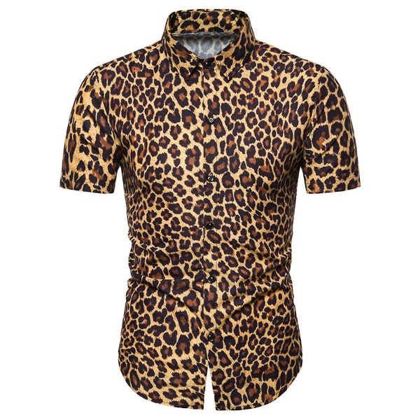 Herr sommar Casual Leopard Print T-shirt med kort ärm gul M