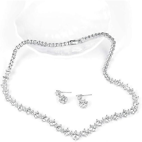 Vitguldpläterat Dam Cubic Zirconia Rundslipad CZ Bröllopshalsband och Örhängen Set för Brud Bröllop