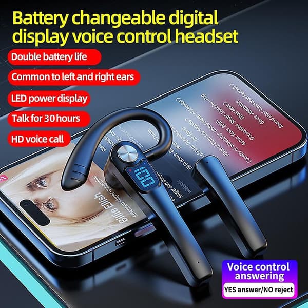 Bluetooth-headset, udskifteligt batteri, strømdisplay, stemmestyring, støjreducerende øretelefoner til kørsel, bluetooth-headset til forretningsopkald, ergono