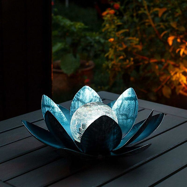 Dww-Blå Sol Lotus Blomsterlampe - Varm Hvid - Lys LED Blomst Genopladelig Ved Solenergi - Økologisk Dekoration Dam Have