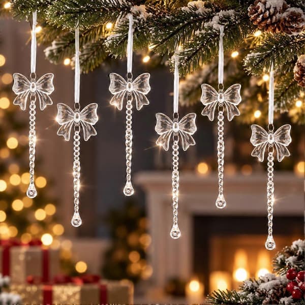 Julepynt i akryl med sløyfe og istapp, klar, blå og rosa, med ferdigknytt bånd Thread